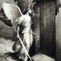 Angel Holding Bloody Sword in Front of a Door